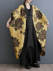Flower-Embellished Chinese Frog Buttons Pleated Split-Joint Batwing Sleeves Loose V-Neck Outerwear