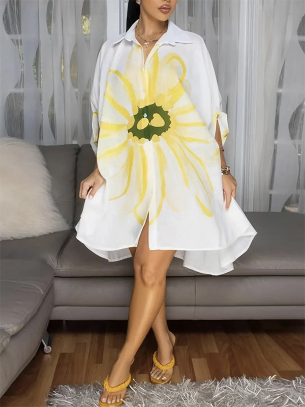 Buttoned Flower Print Half Sleeves Loose Lapel Shirt Dress Mini Dresses
