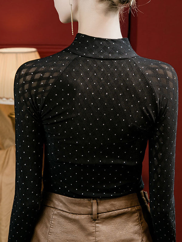 Hollow Knot Polka-Dot Rhine Stones Split-Joint Long Sleeves Plus Size Mock Neck T-Shirts Tops