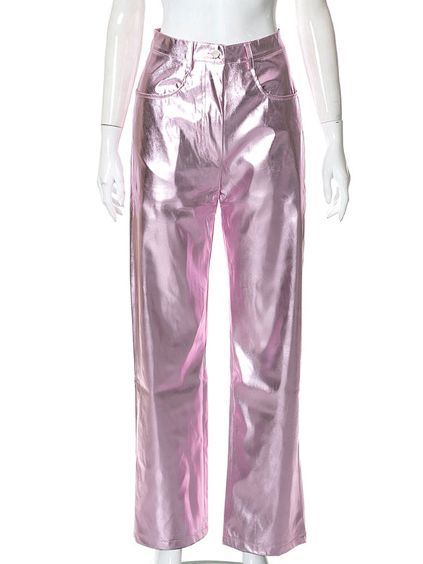 Buttoned Pockets Shiny Solid Color High Waisted Trousers Pants