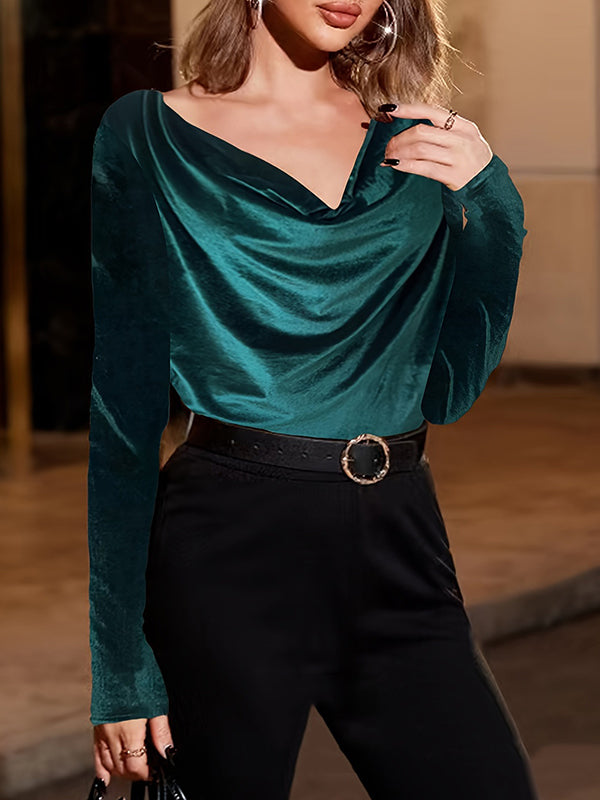 Solid Color Split-Joint Velvet Long Sleeves Loose Heaps Collar T-Shirts Tops