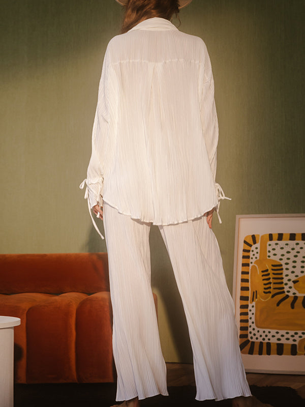 Solid Color Flared Sleeves Long Sleeves Buttoned Drawstring Pleated Split-Side Lapel Shirts Top + Pants Bottom Pajama Sets