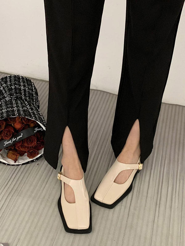 Buckle Hollow Split-Joint Square-Toe Loafers Flat Shoes