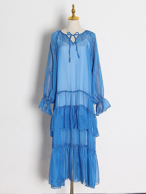 Solid Color Split-Joint High Waisted Long Sleeves Elasticity Mesh Ruffled V-Neck Inner Dress +Outer Maxi Dresses Two Pieces Set