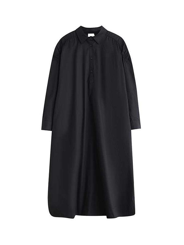 Buttoned Hollow Pleated Pockets Solid Color A-line Long Sleeves Lapel Shirt Dress Midi Dresses