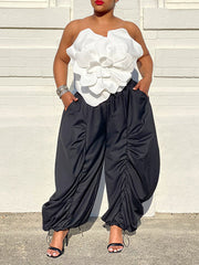 Drawstring Pleated Solid Color Split-Joint High Waisted Loose Trousers Pants