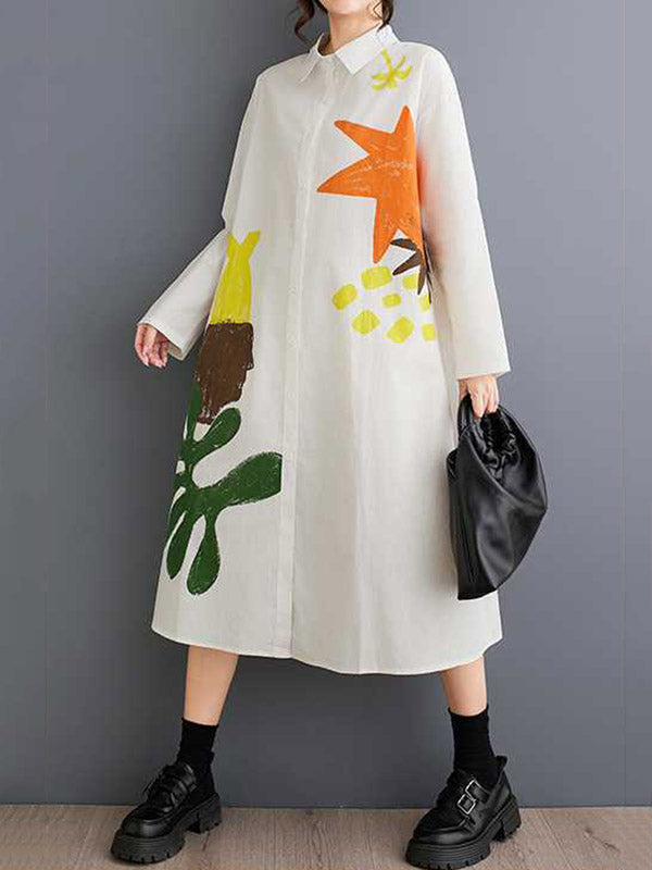 Buttoned Pockets Printed Split-Joint A-Line Long Sleeves Lapel Shirt Dress Midi Dresses