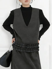 Contrast Color Ruffled Split-Joint V-Neck Vest Top + Elasticated Waist High Waisted Pleated Skirts Bottoms Two Pieces Set