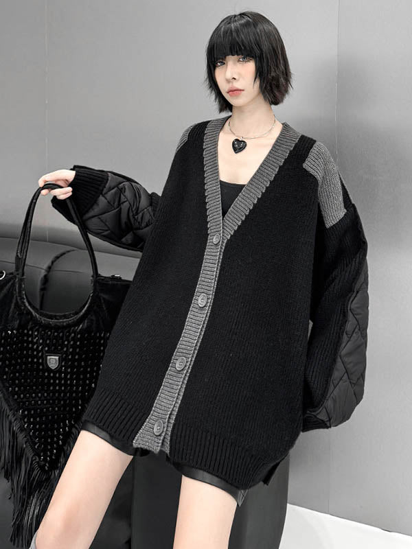 Buttoned Contrast Color Reversible Split-Joint Long Sleeves Loose Collarless Outerwear Cardigan Tops