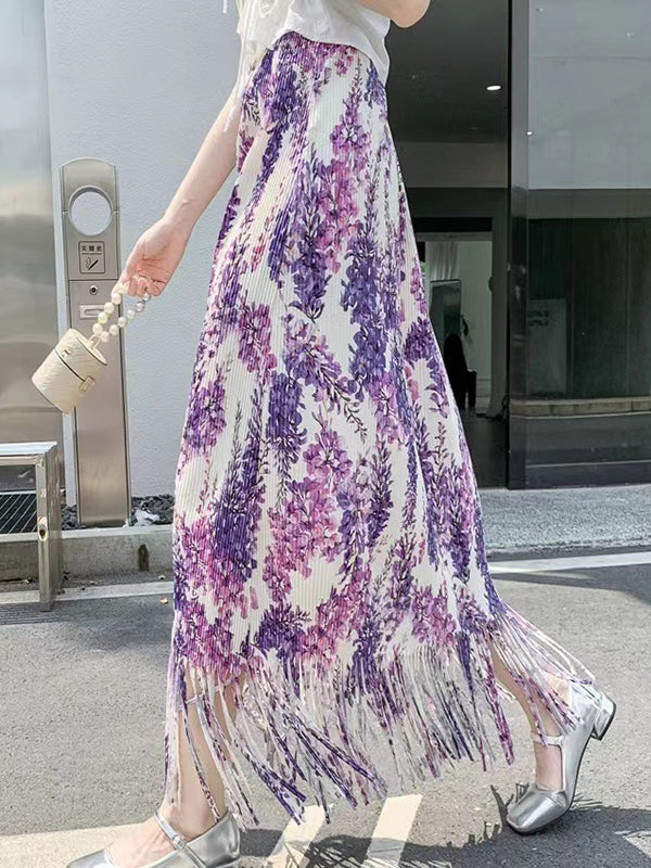 Pleated Printed Split-Joint Tasseled High Waisted H-Line Skirts