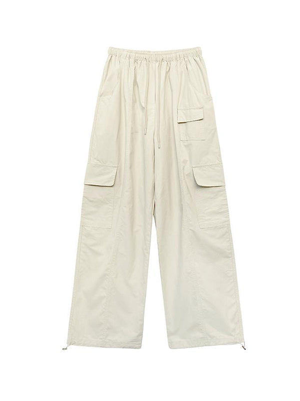 Drawstring Elasticity Pockets Solid Color Split-Joint High Waisted Loose Trousers Pants