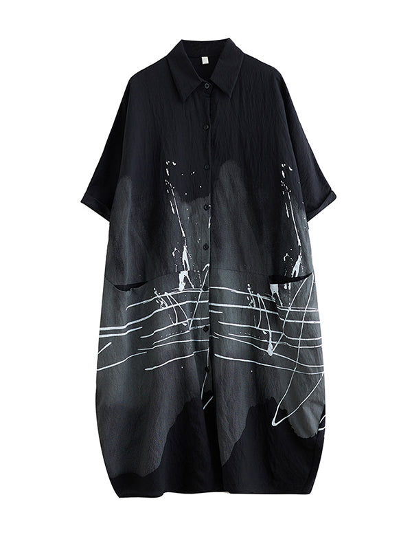 Pockets Printed Half Sleeves Loose Lapel Midi Dresses
