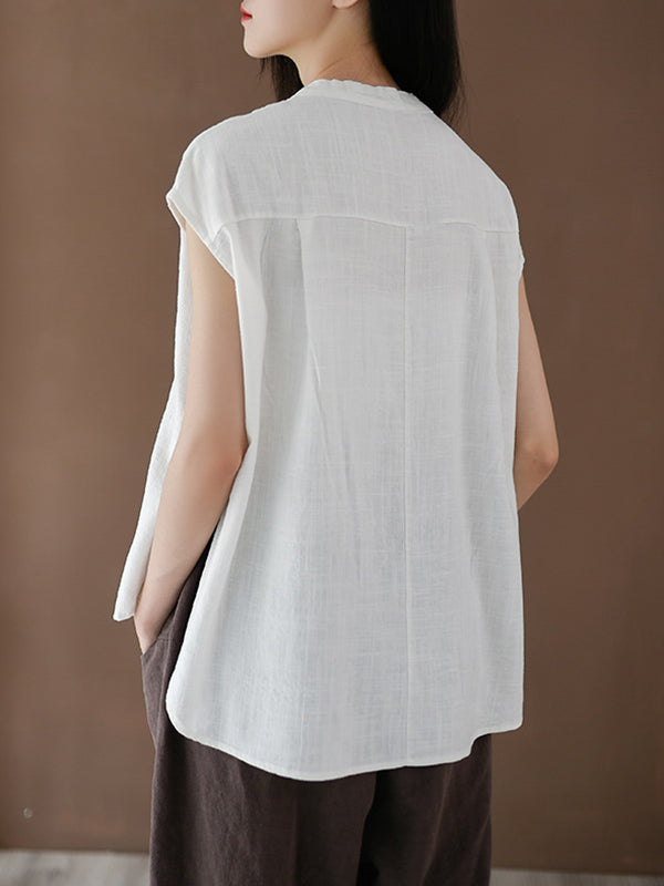 Solid Color Cap Sleeve High-Low Stand Collar Blouses&Shirts Tops