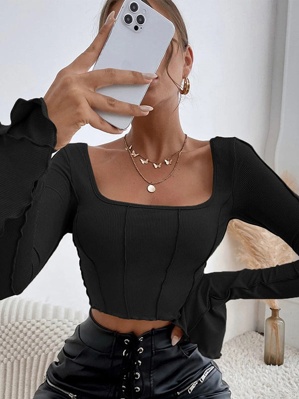 Backless Solid Color Long Sleeves Skinny Square-neck T-Shirts Tops Tee