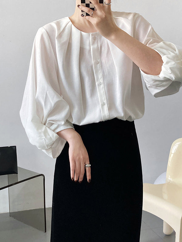 Pleated See-Through Solid Color Split-Joint High-Low Loose Round-Neck Blouses