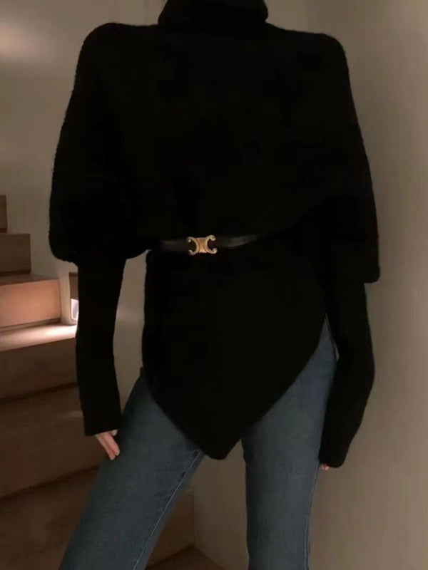 Asymmetric Solid Color Velvet Long Sleeves Loose High Neck Sweater Tops Pullovers Knitwear
