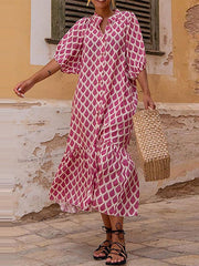 Half Sleeves Loose Buttoned Printed Stand Collar Midi Dresses
