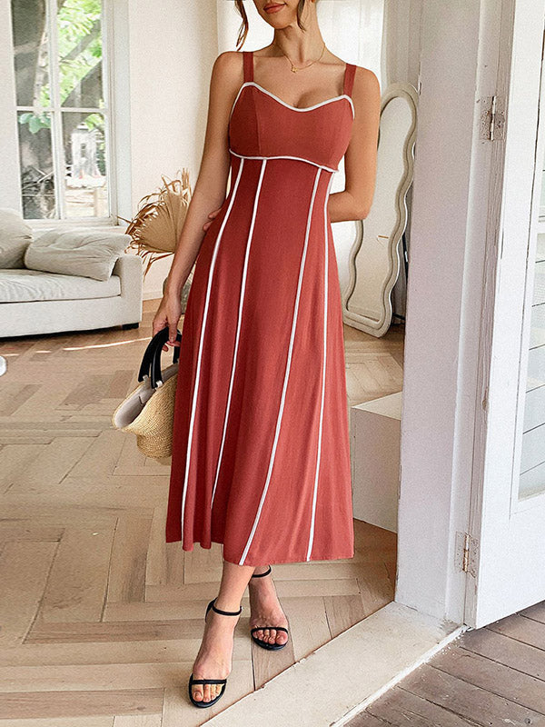 Contrast Color Zipper A-Line High Waisted Spaghetti-Neck Midi Dresses