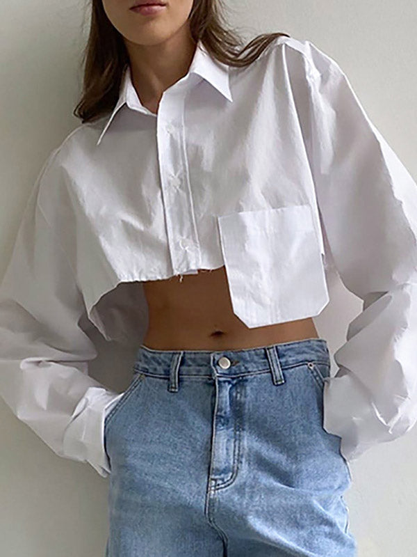 Asymmetric Buttoned Pockets Solid Color Split-Joint Long Sleeves Loose Lapel Blouses&Shirts Tops