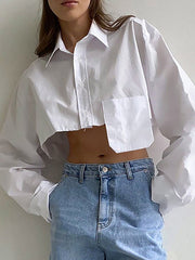 Asymmetric Buttoned Pockets Solid Color Split-Joint Long Sleeves Loose Lapel Blouses&Shirts Tops