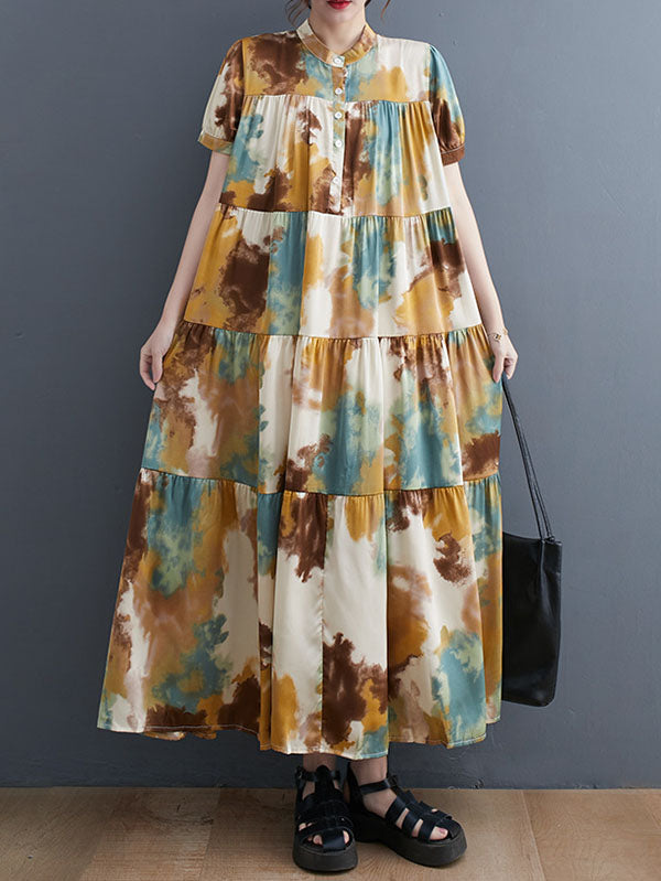 Printed Split-Joint Loose Short Sleeves Stand Collar Midi Dresses