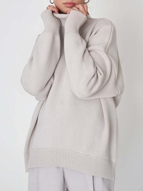 Solid Color Split-Joint High-Low Long Sleeves High Neck Sweater Tops