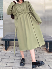 Elasticity Pleated Solid Color A-line Long Sleeves Round-neck Midi Dresses