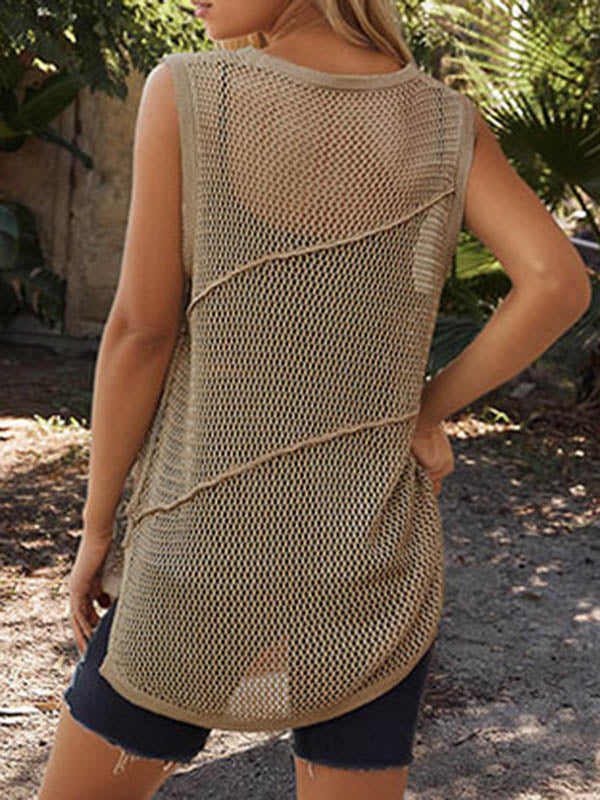 Hollow Solid Color Split-Joint Loose Sleeveless Round-neck Vest Top