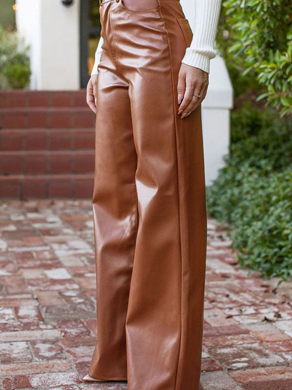 Solid Color Split-Joint High Waisted Straight Leg Trousers Pants