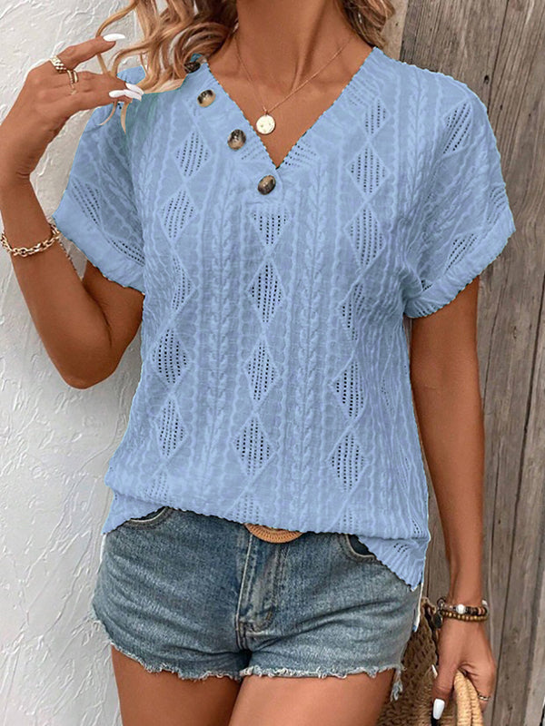 Buttoned Solid Color Loose Short Sleeves V-Neck T-Shirts Tops
