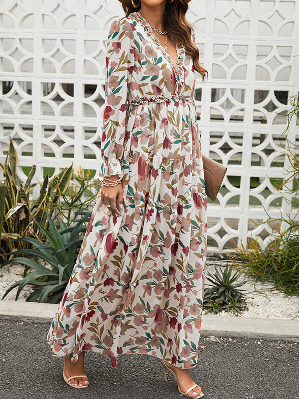 Flower Print Pleated Ruffled High Waisted Long Sleeves V-Neck Maxi Dresses