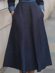 A-Line High Waisted Buttoned Pockets Solid Color Split-Joint Lapel Midi Dresses
