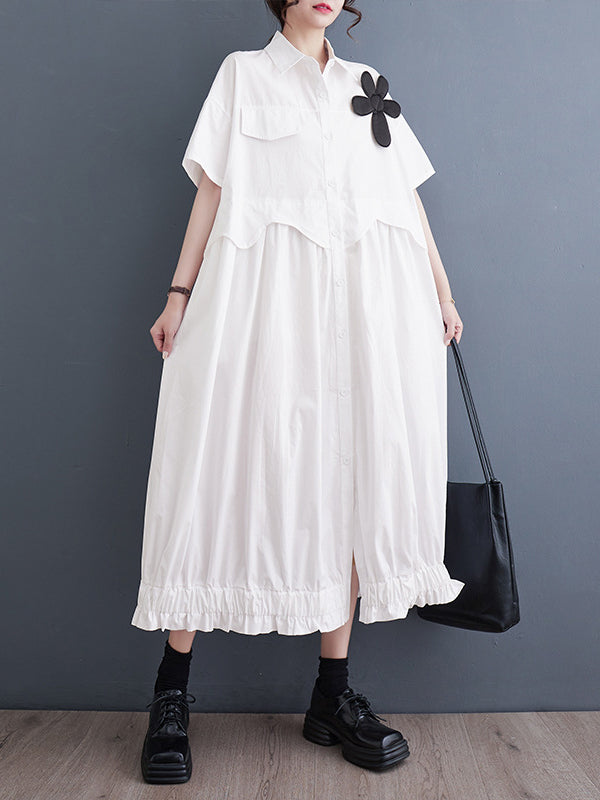 Elasticity Pleated Split-Joint Loose Short Sleeves Lapel Midi Dresses