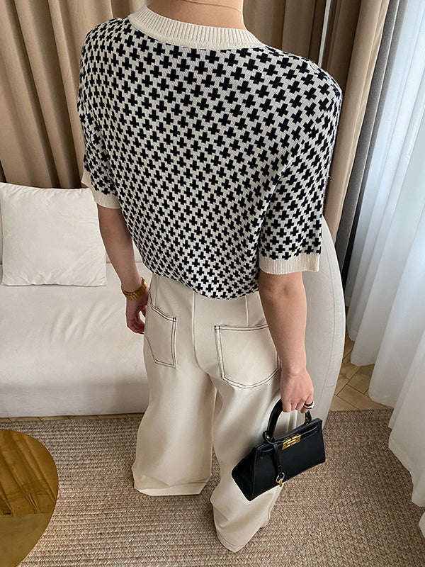 Houndstooth Half Sleeves Round-Neck Sweater Tops