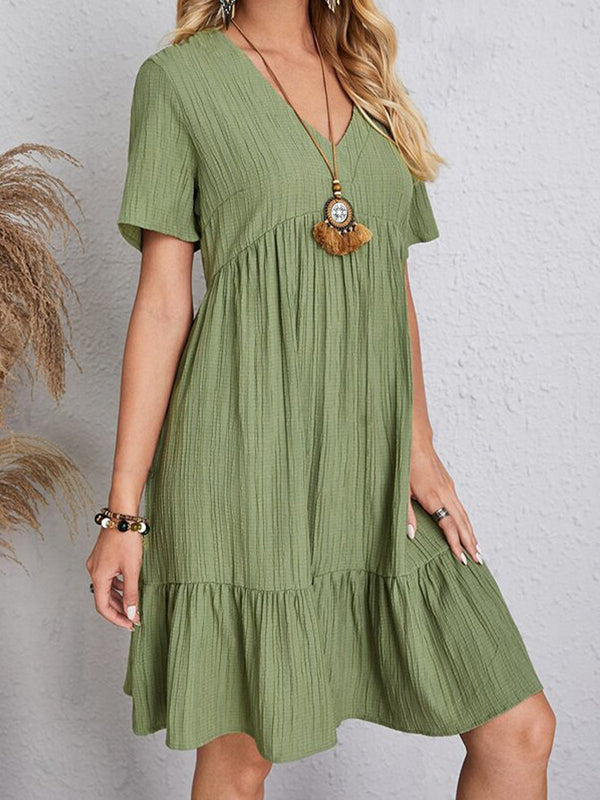 Pleated Solid Color Split-Joint A-line Loose V-neck Mini Dresses