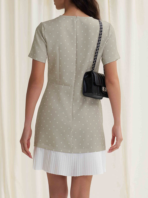 Pleated Polka-Dot Split-Joint A-Line High Waisted Round-Neck Mini Dresses