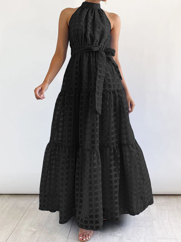 Plaid Ribbed Loose Sleeveless Stand Collar Maxi Dresses