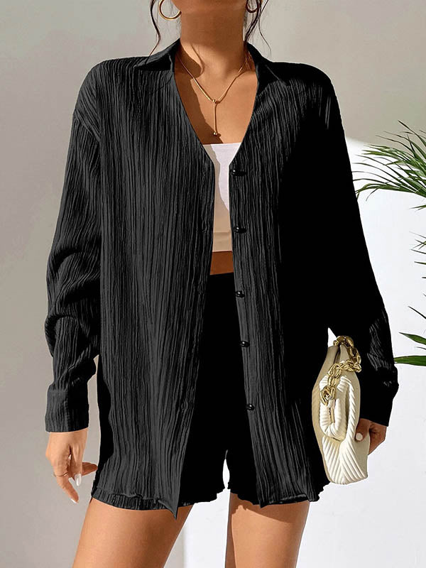 Loose Buttoned Long Sleeves Pleated Solid Color Lapel Shirts Top + Elasticity Shorts Bottom Two Pieces Set
