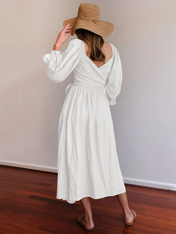 Original A-Line Loose Hollow Solid Color V-Neck Midi Dresses