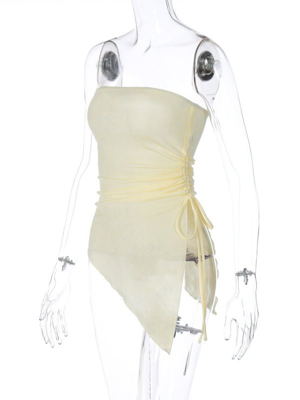 Asymmetric Drawstring See-Through Solid Color Split-Side Irregular Clipping Skinny Tube Vest Top