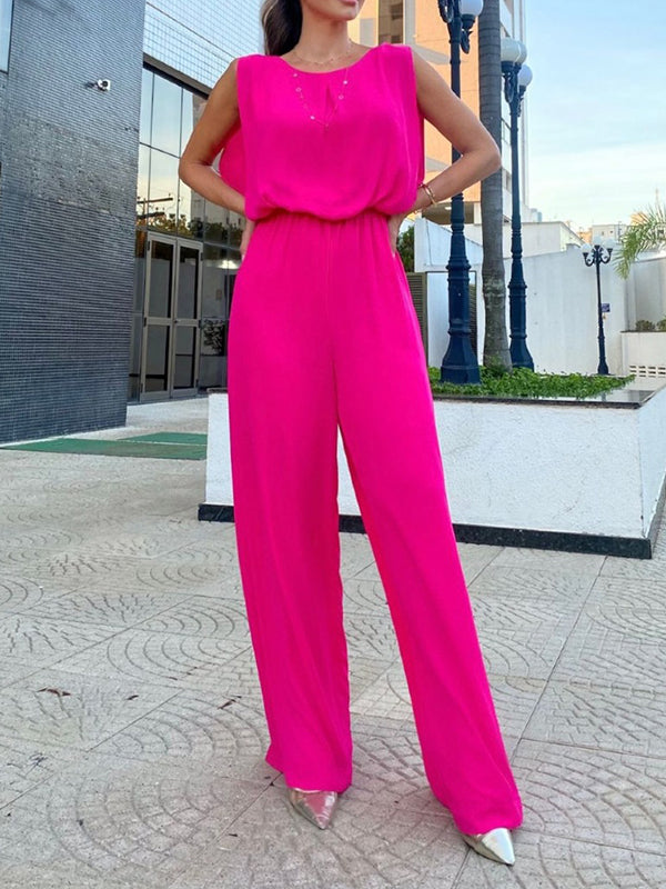Backless Hollow Solid Color High-Low Wide Leg Round-Neck Jumpsuits Bottoms
