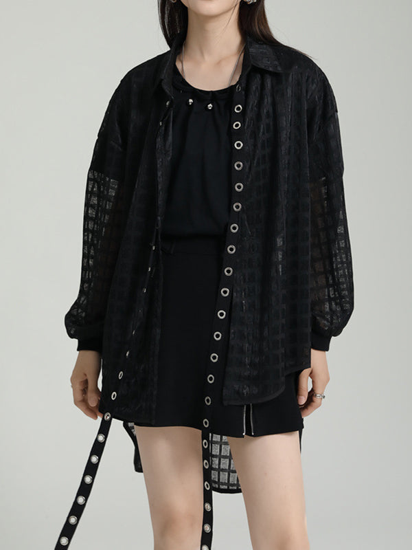 Gauze See-Through High-low Long Sleeves Round-neck Blouses&shirts Tops