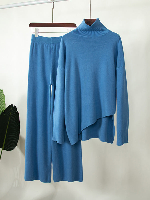 Casual Solid Color Irregularity High-Neck Sweater& Wide Leg Pants Suits
