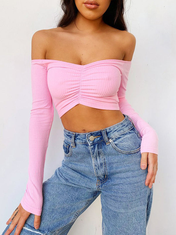Solid Color Long Sleeves Skinny Off-The-Shoulder T-Shirts Tops