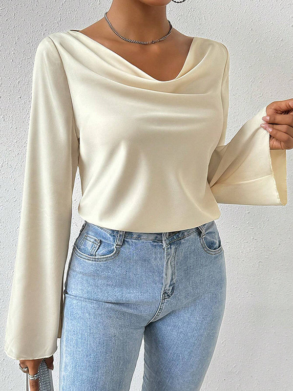 Solid Color Long Sleeves Loose Heaps Collar T-Shirts Tops