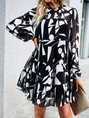 Printed Split-Joint Tied A-line High Waisted Mock Neck Mini Dresses