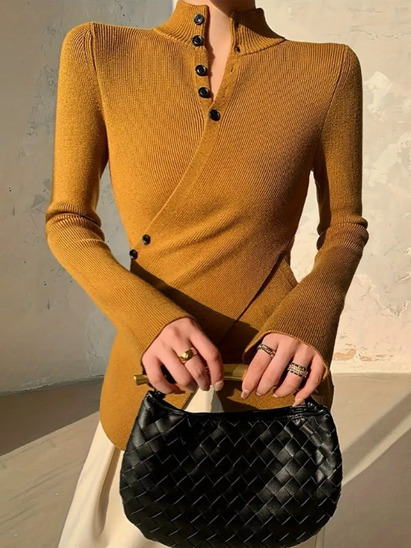 Asymmetric Split-front Split-Joint Long Sleeves V-neck Sweater Tops