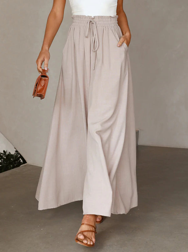 Drawstring Elasticity Pleated Pockets Solid Color High Waisted Loose Trousers Pants