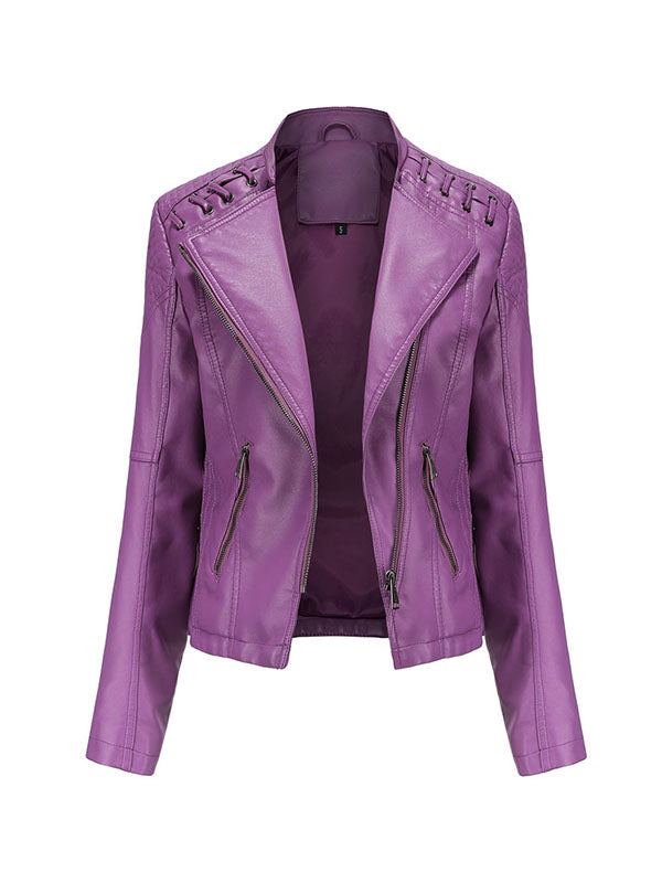 Split-Joint Zipper Long Sleeves Mock Neck Outerwear PU Jackets