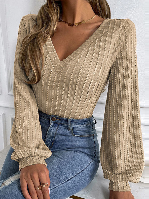 Solid Color Long Sleeves Puff Sleeves V-Neck T-Shirts Tops